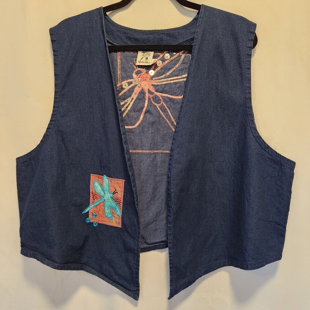 Vintage Alfredo's Wife Denim Vest Women's XL Dragonfly Applique W/Rhinestones